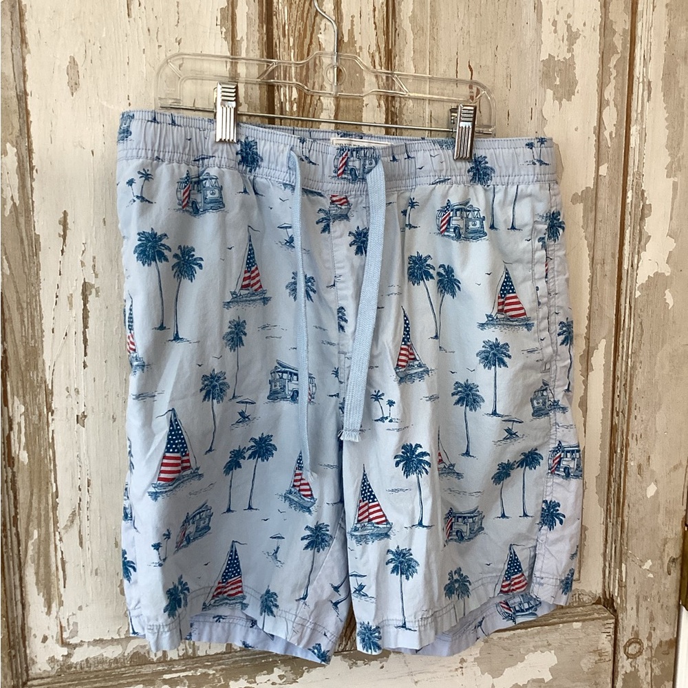 Men's Free Planet Light Blue Swim Shorts with Nautical Americana Print- L